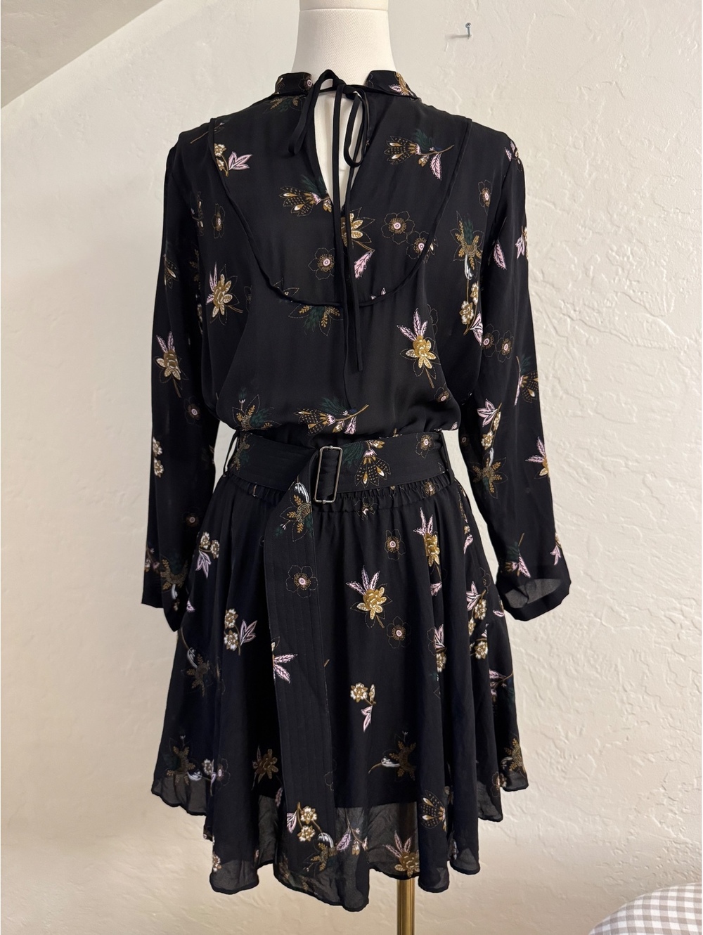 A.L.C. Campbell Black Floral 100% Silk Belted Mini Dress Size 10
